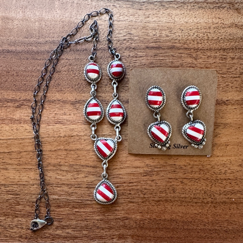 Red And White Striped Sterling Silver Earring And Necklace Set